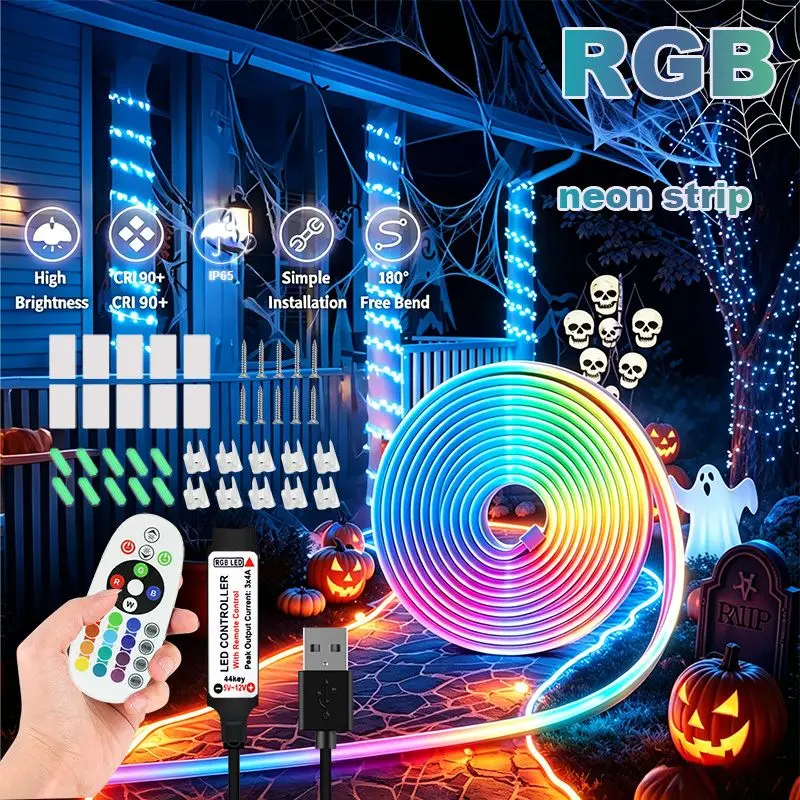 Rgb Flexible Neon Light, Dc 5V USB Type-A, with Multi-Function Controller, Color-Changing Neon Led Strip, Can Switch Light Colors, Can Be Cut and Bent for DIY Designs, Suitable for Halloween, Christmas, Holiday Parties