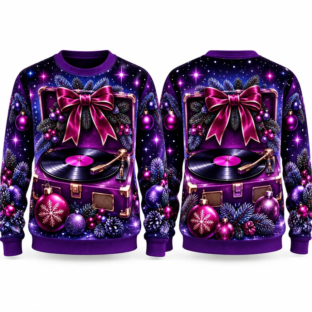 Christmas Record Player Ugly Christmas Sweater for Men Women Festive Holiday Party Crewneck Pullover Long Funny Sweaters