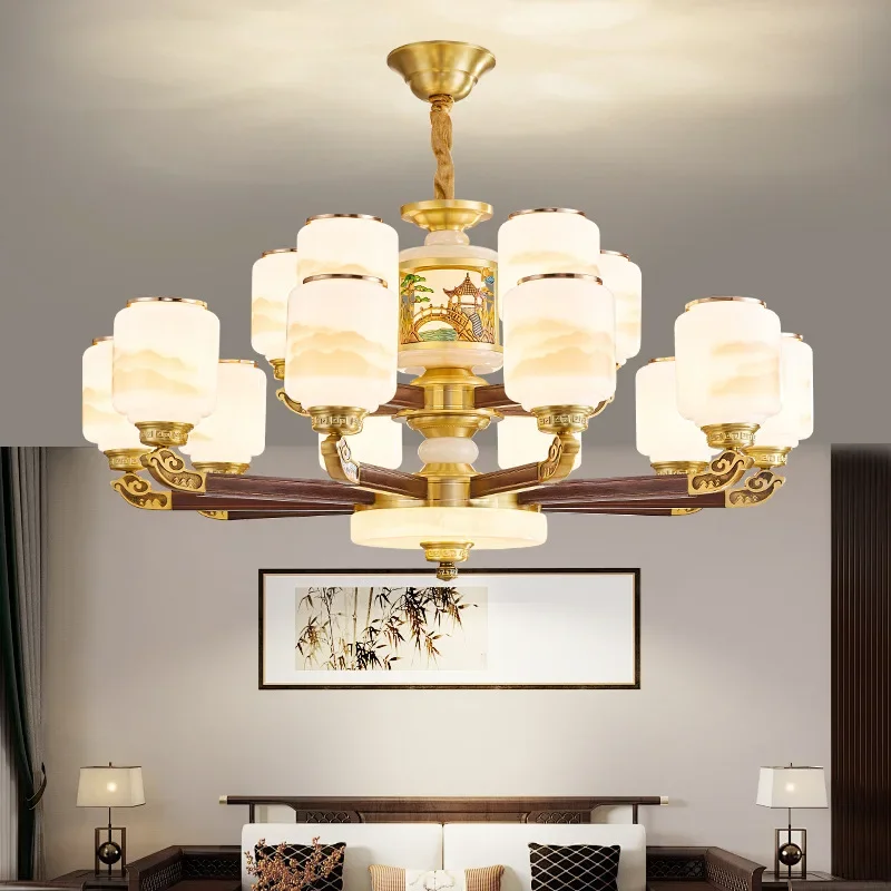 Living room chandelier solid wood lamps Zen Chinese style self-built house villa