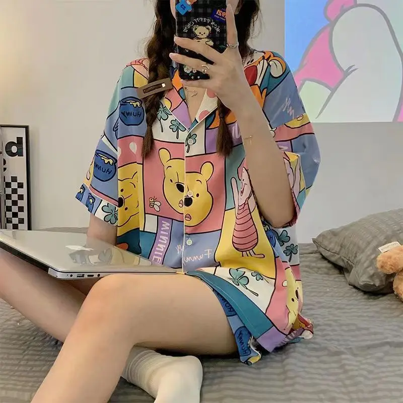 Bear print cartoon Casual pajamas women summer ice silk short-sleeved trousers thin summer silk home service suit Princess