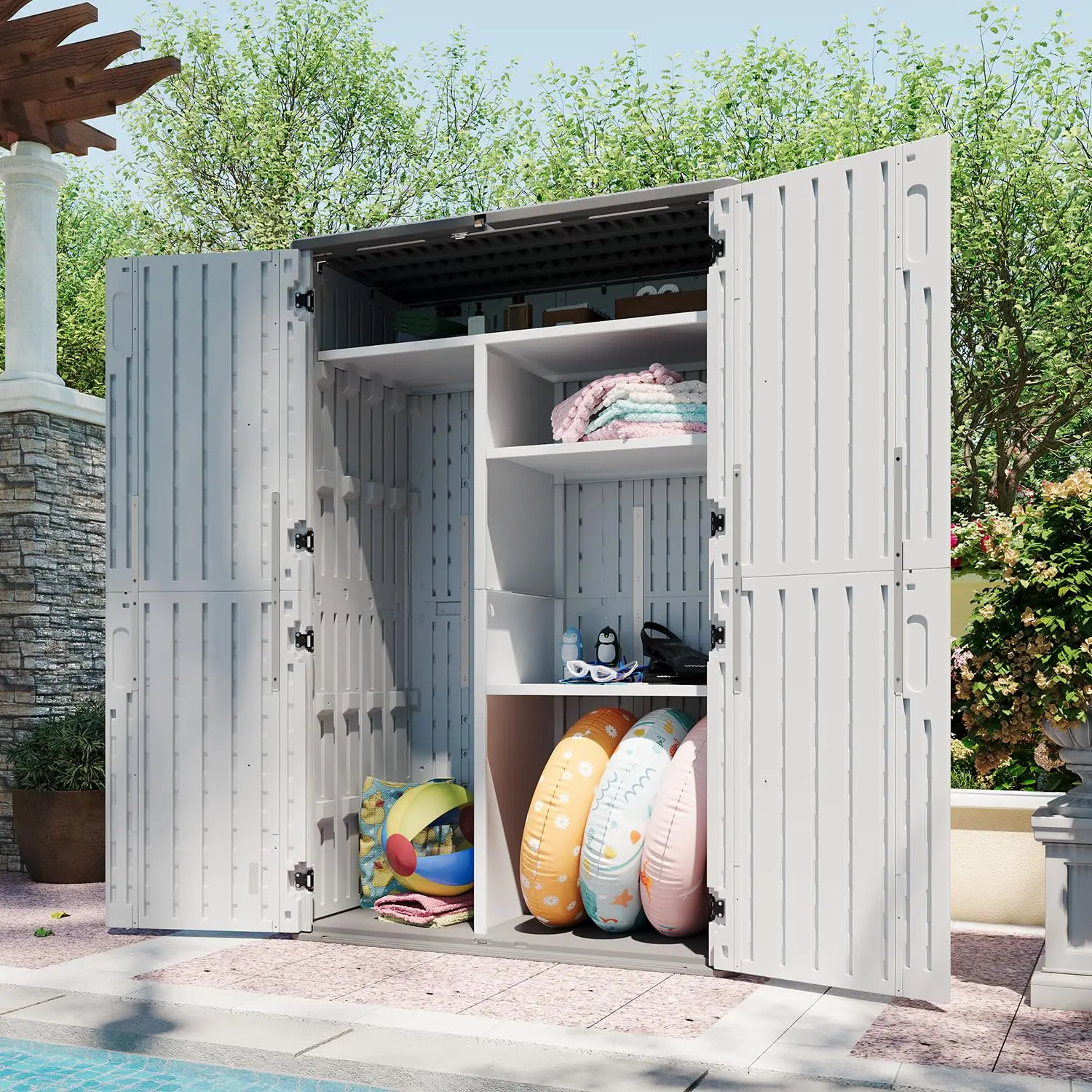 64 Cu.Ft Horizontal Resin Storage Shed With Shelving Kit and Floor for Trash Cans Lawn Tools Garden