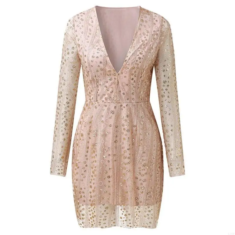 L38E Women Autumn Long Sleeve Sexy Plunge Deep V Neck Fitted Mini Dress Glitter Sequins Striped Mesh Double Layer Cocktail