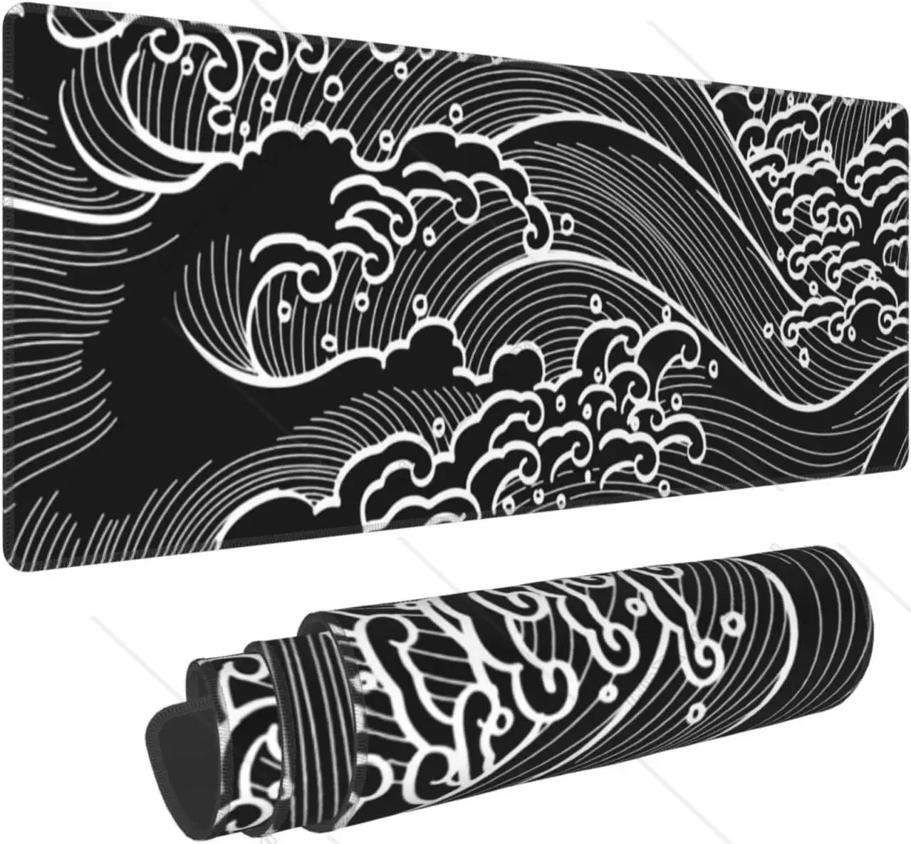 Black White Large Gaming Mouse Pad Mat XL Anime Sea Wave  Desk Mat with Non-Slip Rubber Base for Office Laptop 31.5'' X 12'' In