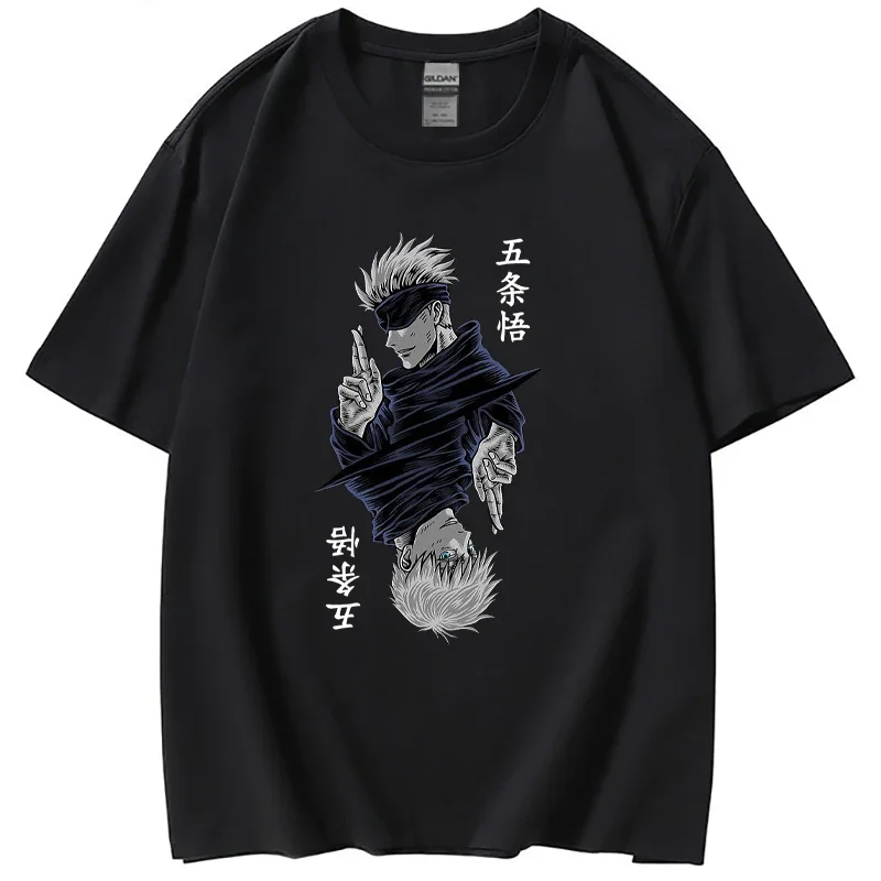 Fashion Jujutsu Kaisen Satoru Gojo Anime Printed Lady O-Neck Short Sleeve Women\'s T Shirt Black White Short Sleeve Polyester