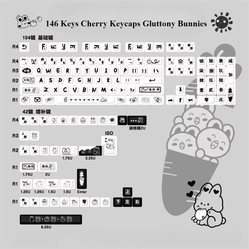 

Gluttony Bunny Keycap Set 146 Keys Cherry Large Set for MX Switch 60/84/90/104/108 Mechanical Keyboards