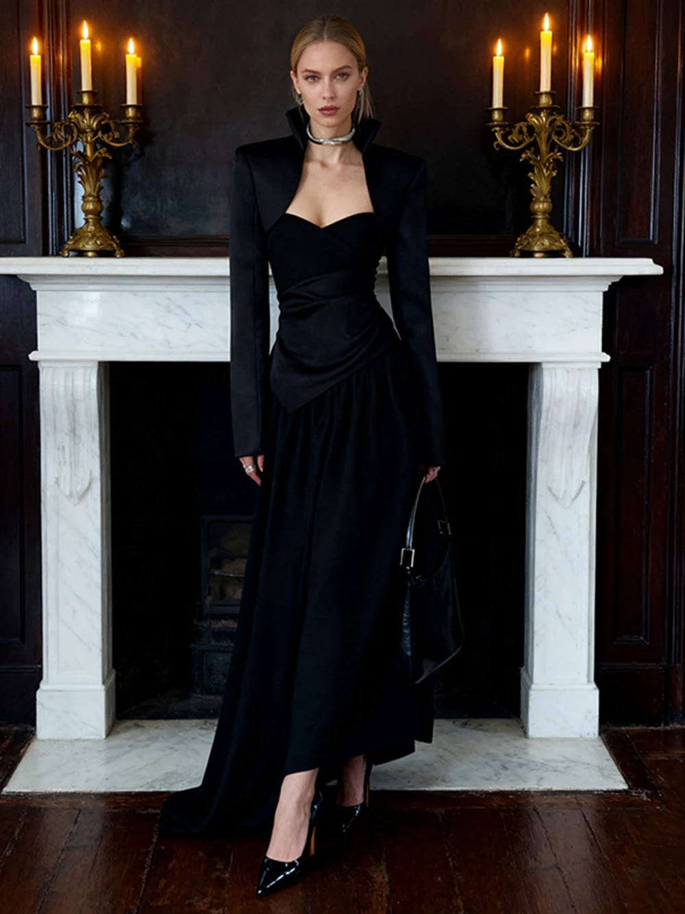 

Высококачественный темпераментный комплект из трех предметов, новинка 2025 года, куртка-шаль + нашивка без бретелек нестандартной формы + длинная юбка до половины тела