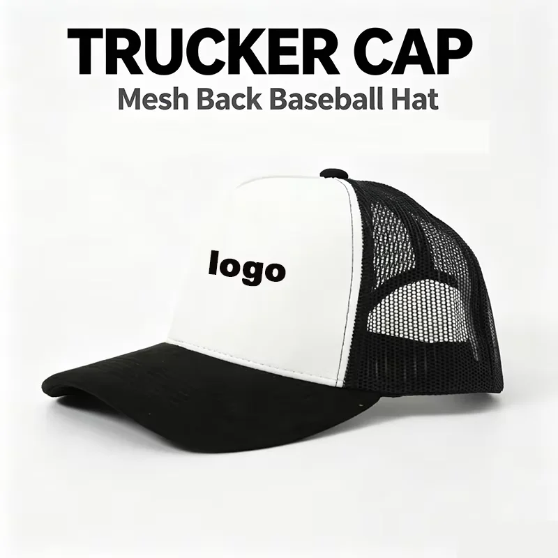 Custom Logo Suede Mesh High Crown 5 Panel Two Tone Trucker Cap Snapback Outdoor Sun Hat Men Women Breathable Casual Driver Hat