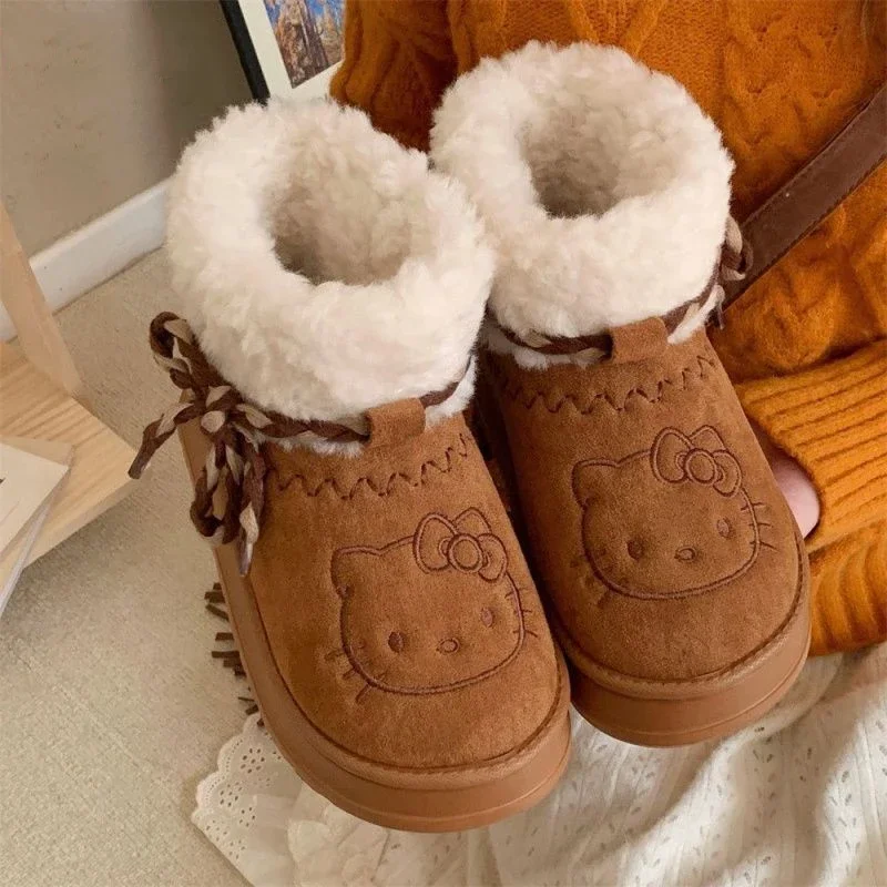 

Sanrio Hello Kitty Cute Pompon Lace Up Fur Winter Snow Boots Fluffy Boots Outdoor Short Boots for Women Birthday Christmas Gift