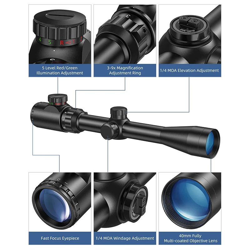 

EZshoot 3-9x40 Rifle Scope Red Green Illuminated Riflescope Mil-dot Reticle Optics Sight with Mounts for 11mm Dovetail Rail