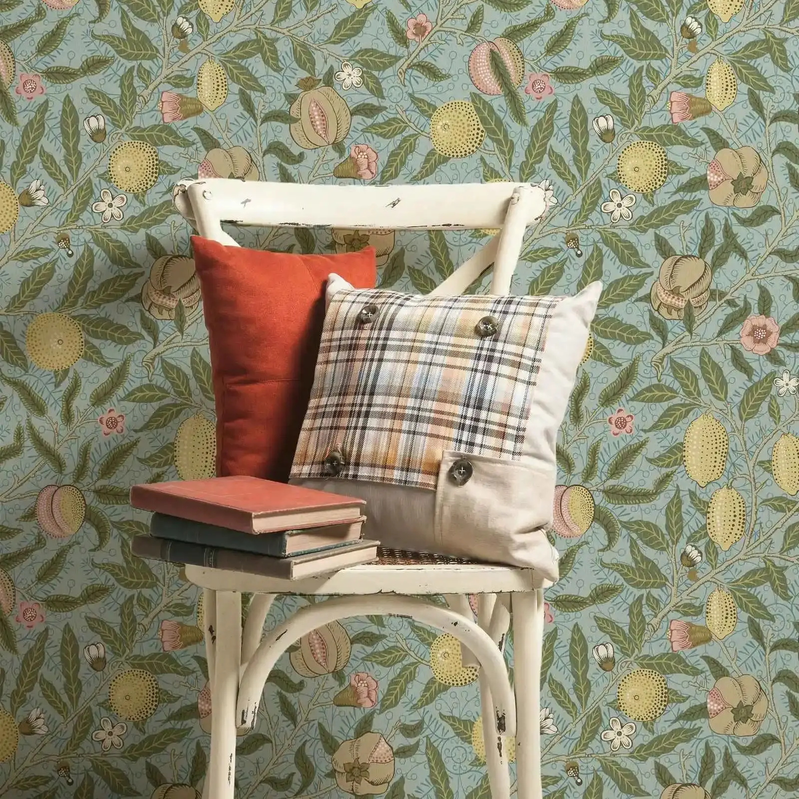 William Morris Fruit Wallpaper Peel and Stick.  Coral on Turquoise Vintage Wall Mural For Home Decor, Or Traditional  Non-woven
