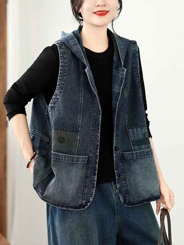 Fall 2026 plus Size Loose Casual Hooded Denim Vest Fat MM Sleeveless Versatile Short Shoulder Jacket Women's Fashion Vest