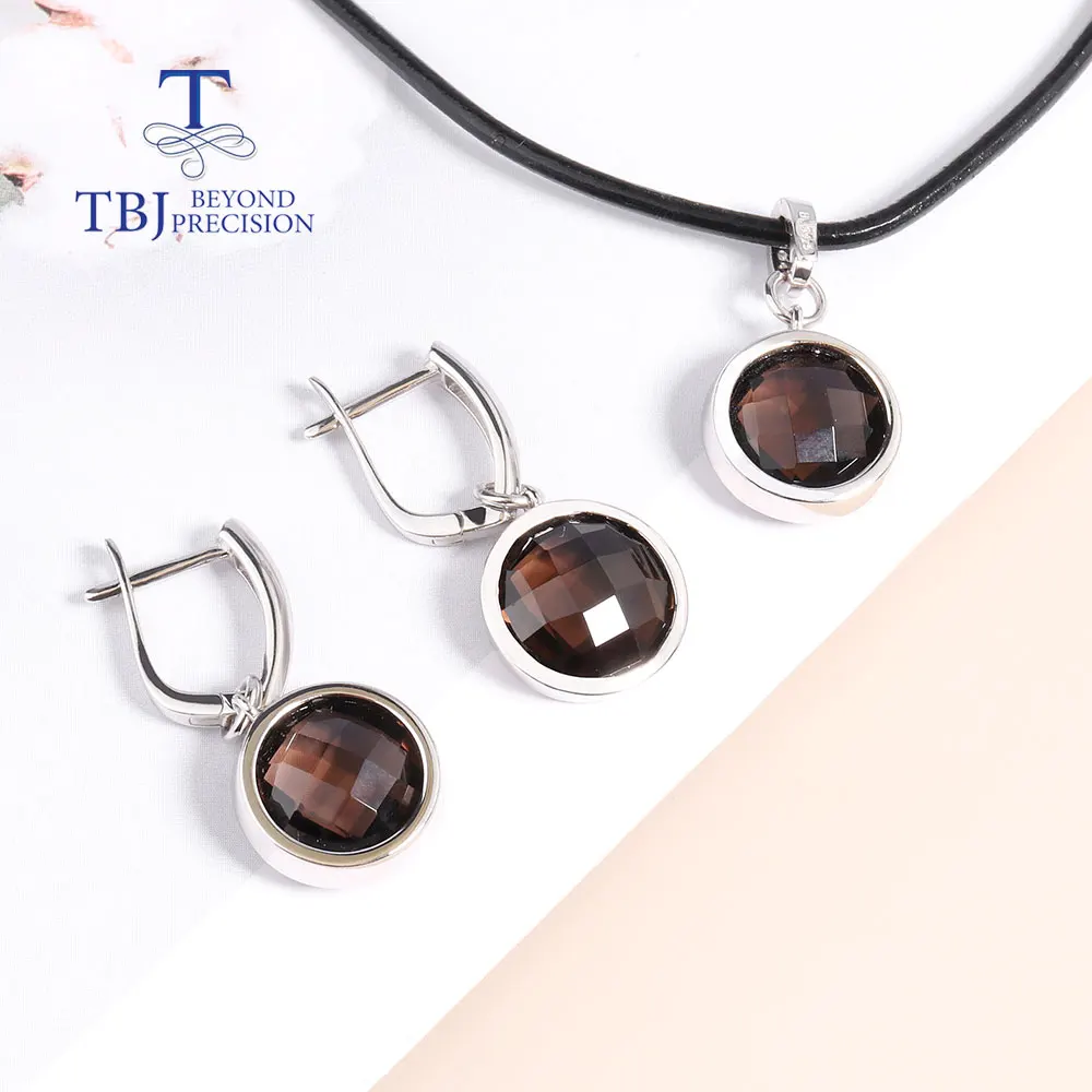 Simple Natural Smoky Round 12.0mm Briolette Cut  Gem Earrings Necklace Jewelry Set 925 Sterling Silver women daily wear jewelry