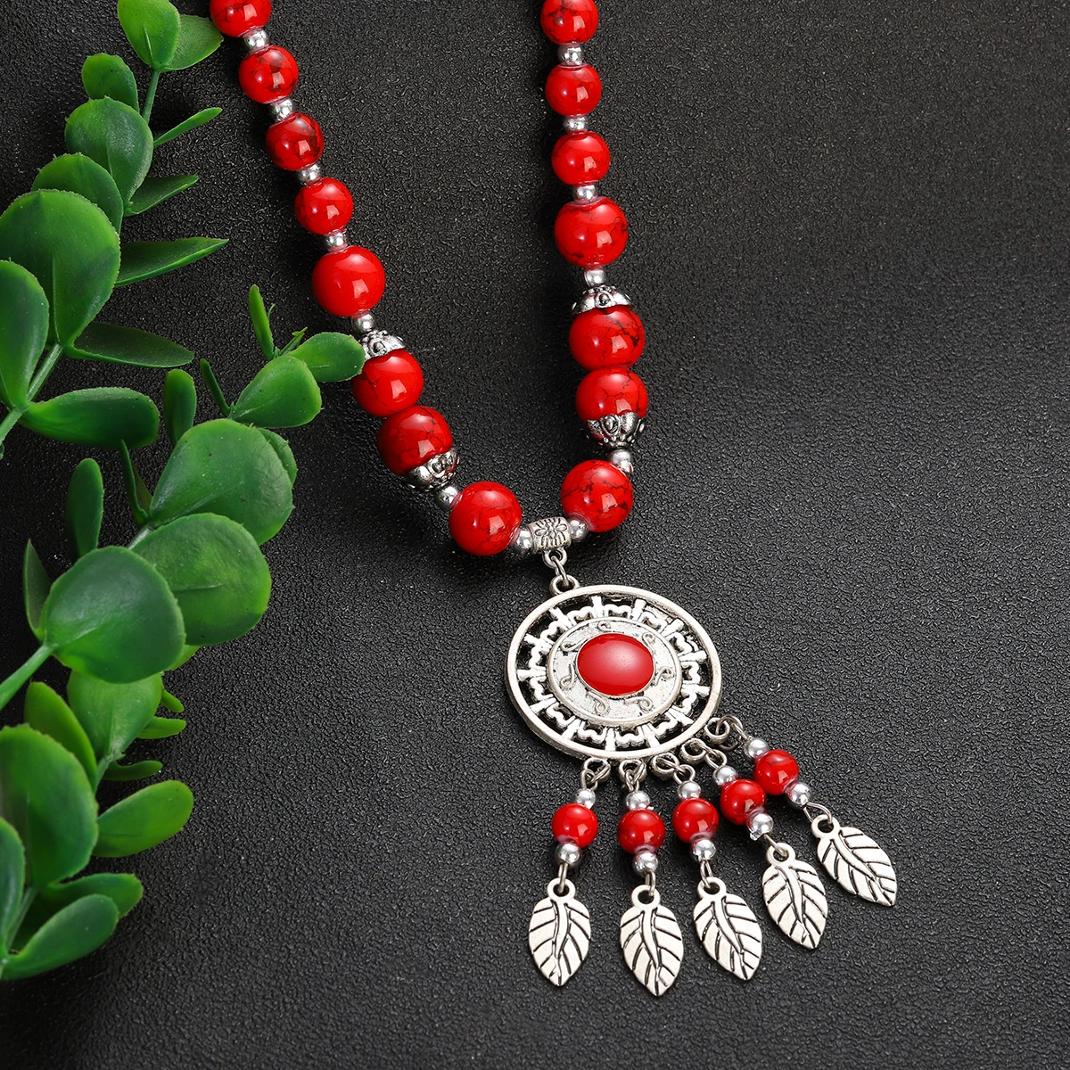 Ethnic Vintage Silver Color Leaf Tassel Necklace Red Turquoises Geometric Pendants Necklace Boho Women\'s Jewelry