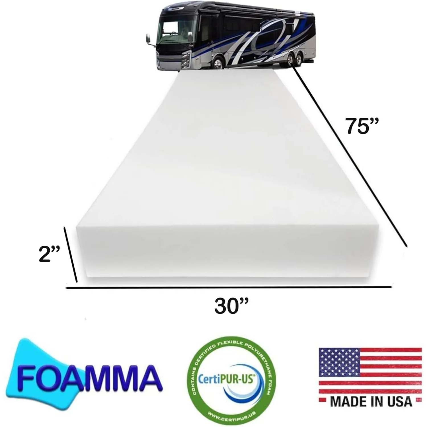 2” x 30” x 75” Camper, RV Travel High-Density Bunk Mattress Topper, Made in USA, Comfortable, Travel Trailer, Cover Not Included