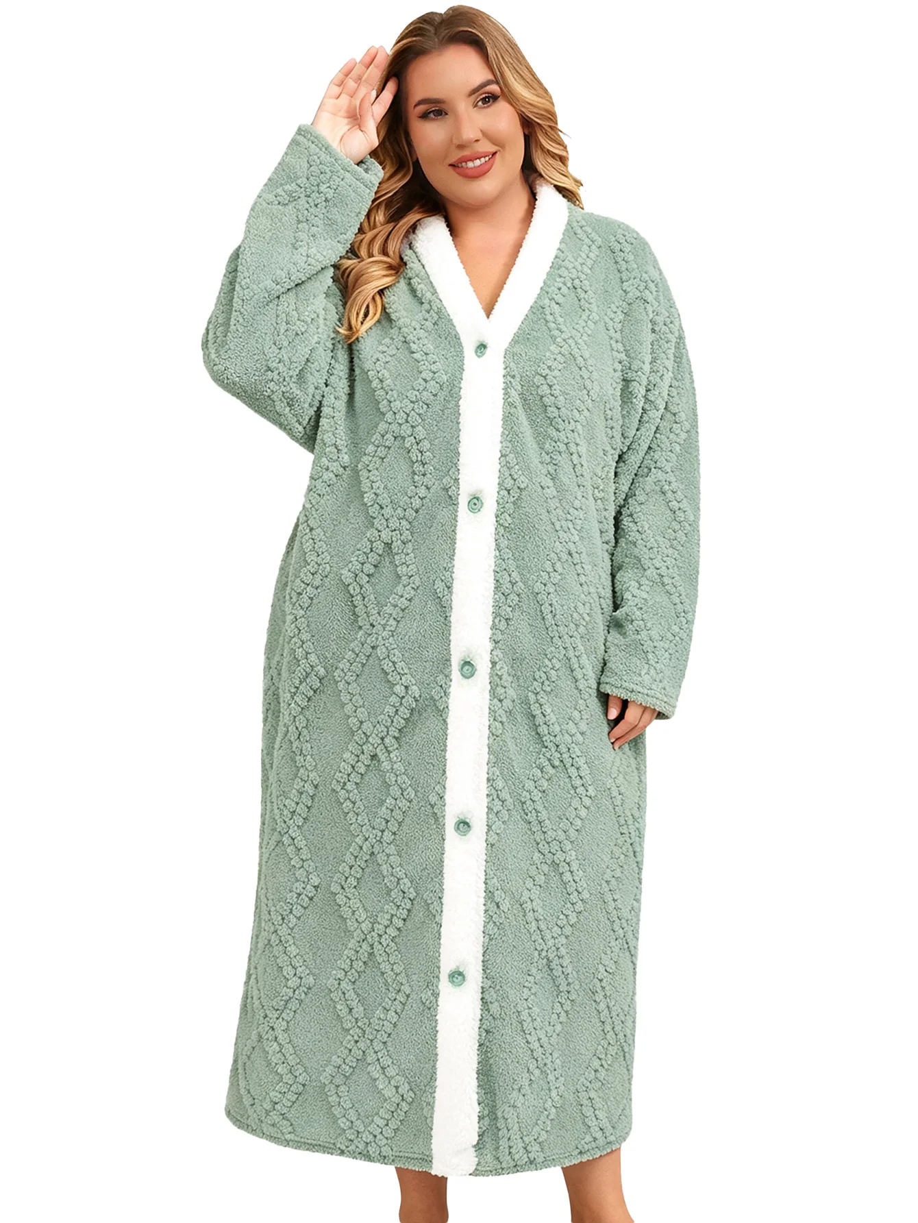 Plus Size Women‘s Plush Fleece Jacquard Nightgown Button Front Maxi Long with Pockets Warm Soft Loungewear for Winter Home
