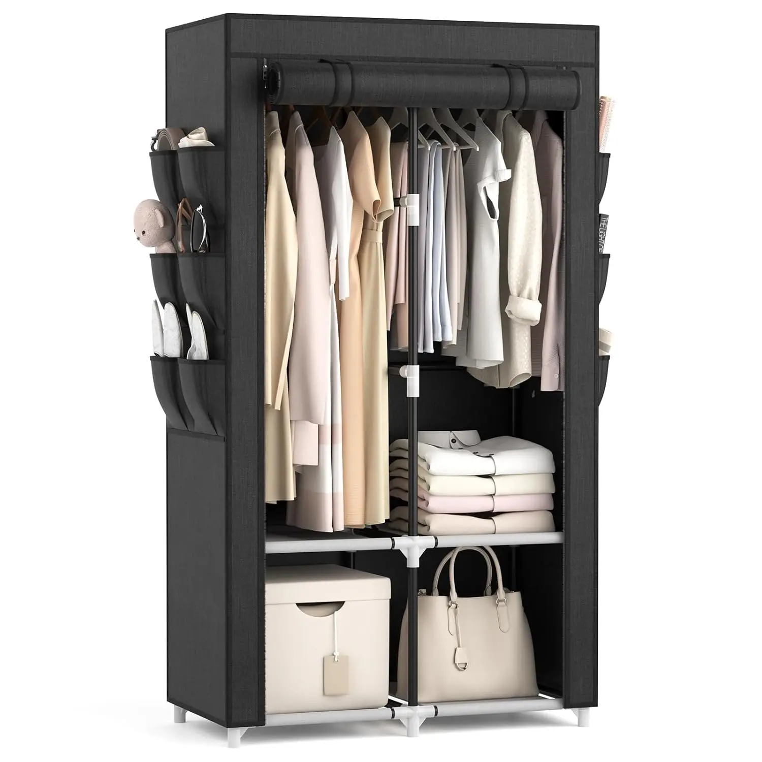 

Portable Wardrobe with 4 Shelves, 2 Rods, 6 Pockets, Dust Cover, Stable Frame, Bedroom Storage, Black, Customized