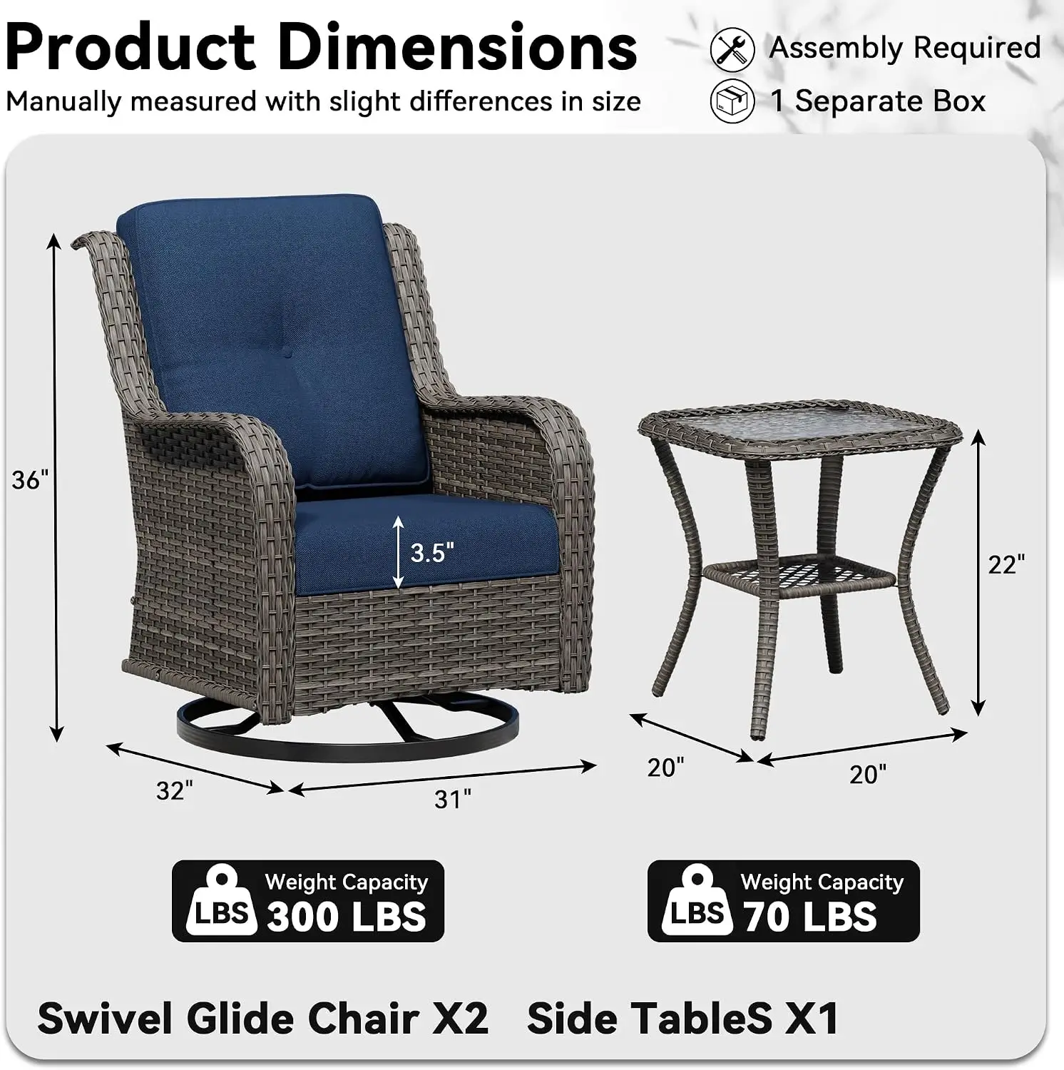 3 Piece Outdoor Wicker Patio Furniture Set, Swivel Rocker Patio Chairs Set with Thickened Olefin Cushions, High Back and Deep Se