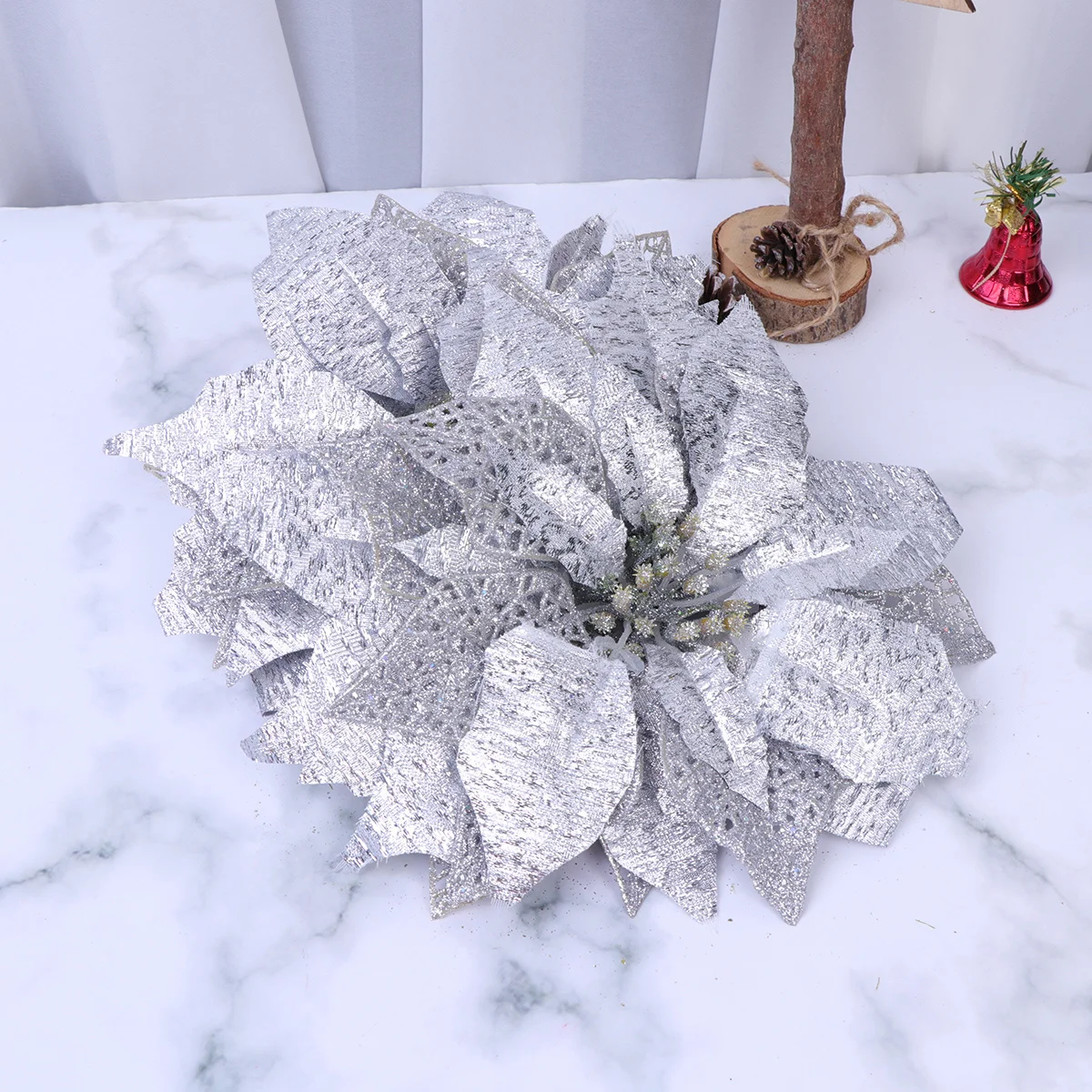 

4pcs Silver Flower Craft For Christmas Tree Party Home Decor Festive Ornament Handmade Diy Handmade Flower Flowers