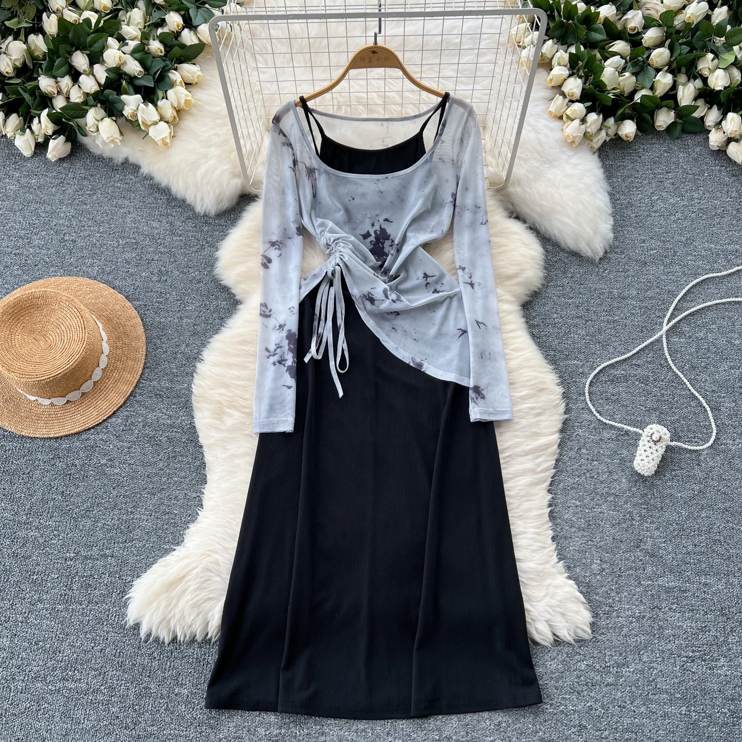 Sexy  Two Pieces Sets Chic Shirring mesh print top with High Waist summer slip Skirt Casual Beach Vacation Sets