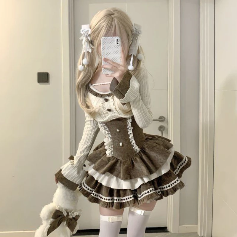 Autumn Winter Sweet Japanese Bow 2 Piece Set Women Long Sleeve Kawaii Slim Tops + High Waist Lace Y2k Mini Dress Lolita Suit