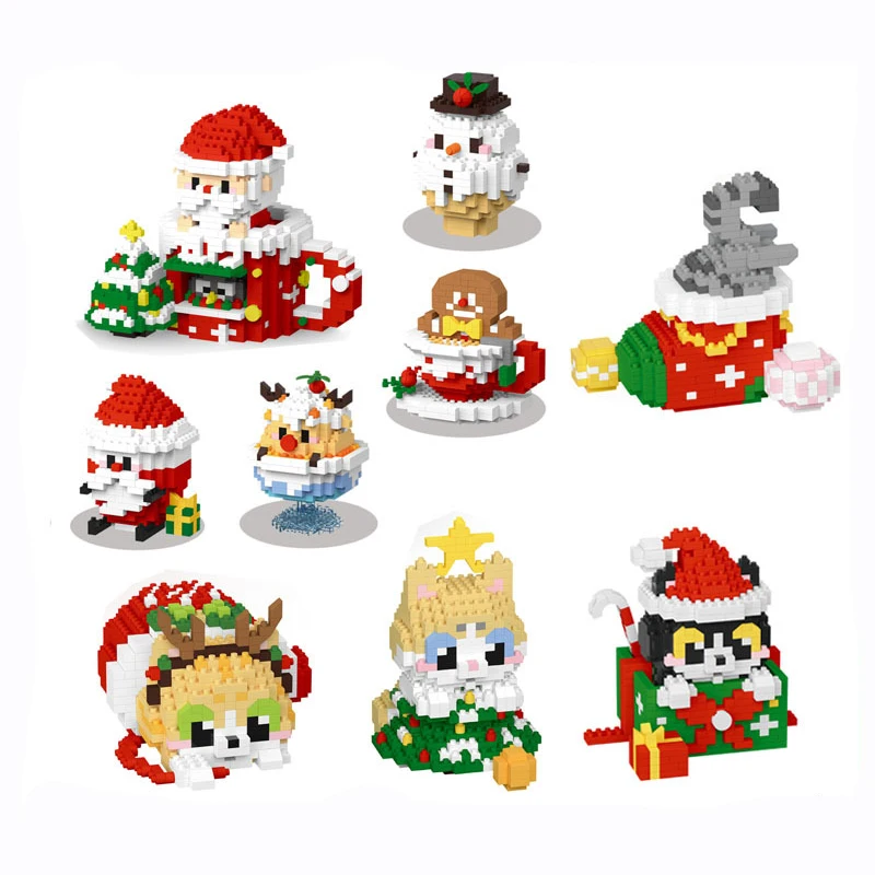 Christmas Micro Building Blocks Santa Claus Snowman Elk Cute Animal Cat Dog 3D Model Mini Brick Figure Toys For Kids Gift