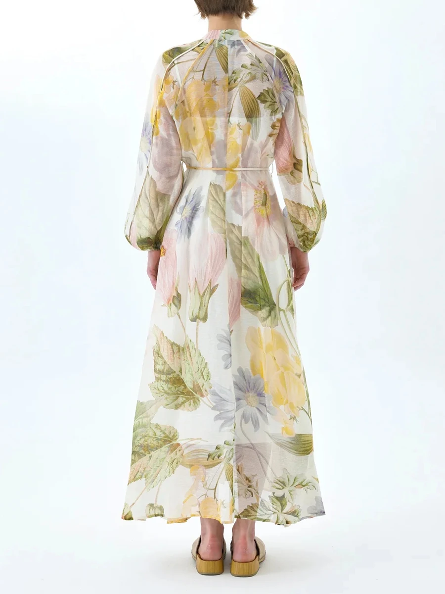 เดรสยาวสไตล์โบฮีเมียนสำหรับผู้หญิง คอวี แขนพอง แต่งผ้าลูกไม้พิมพ์ลาย ผ้าตาข่ายโปร่งแสง รุ่นใหม่สำหรับฤดูใบไม้ร่วง