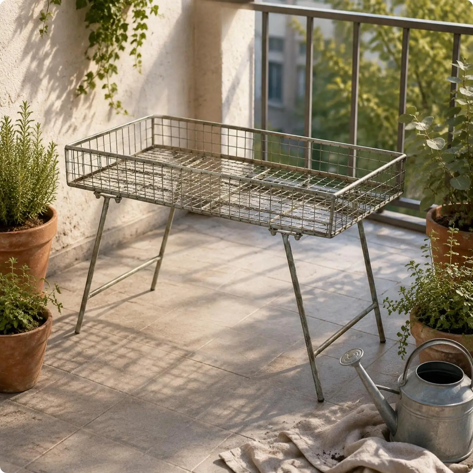 Removable Iron Flower Stand Rack with Open Grid Tray for Potted Plants Books Snacks Indoor Outdoor Use