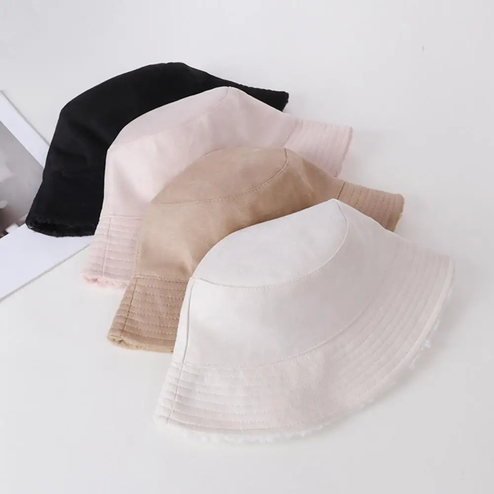 2023 Women Winter Fisherman Hat Flat Top Wide Brim Double-sided Faux Lamb Wool Soft Warm Windproof Bucket Hat Cap Female