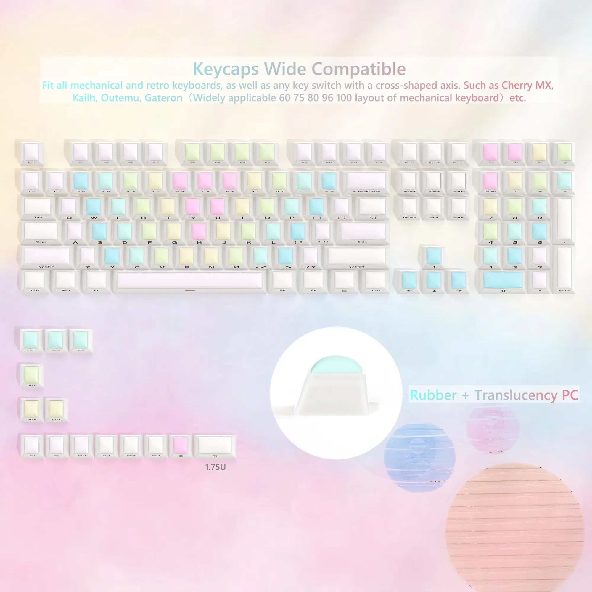 Womier Clear Jelly Keycaps Cute Rainbow Rubber Keycaps Cherry Profile Custom Keyboard Keycaps for MX Switch Mechanical Keyboard