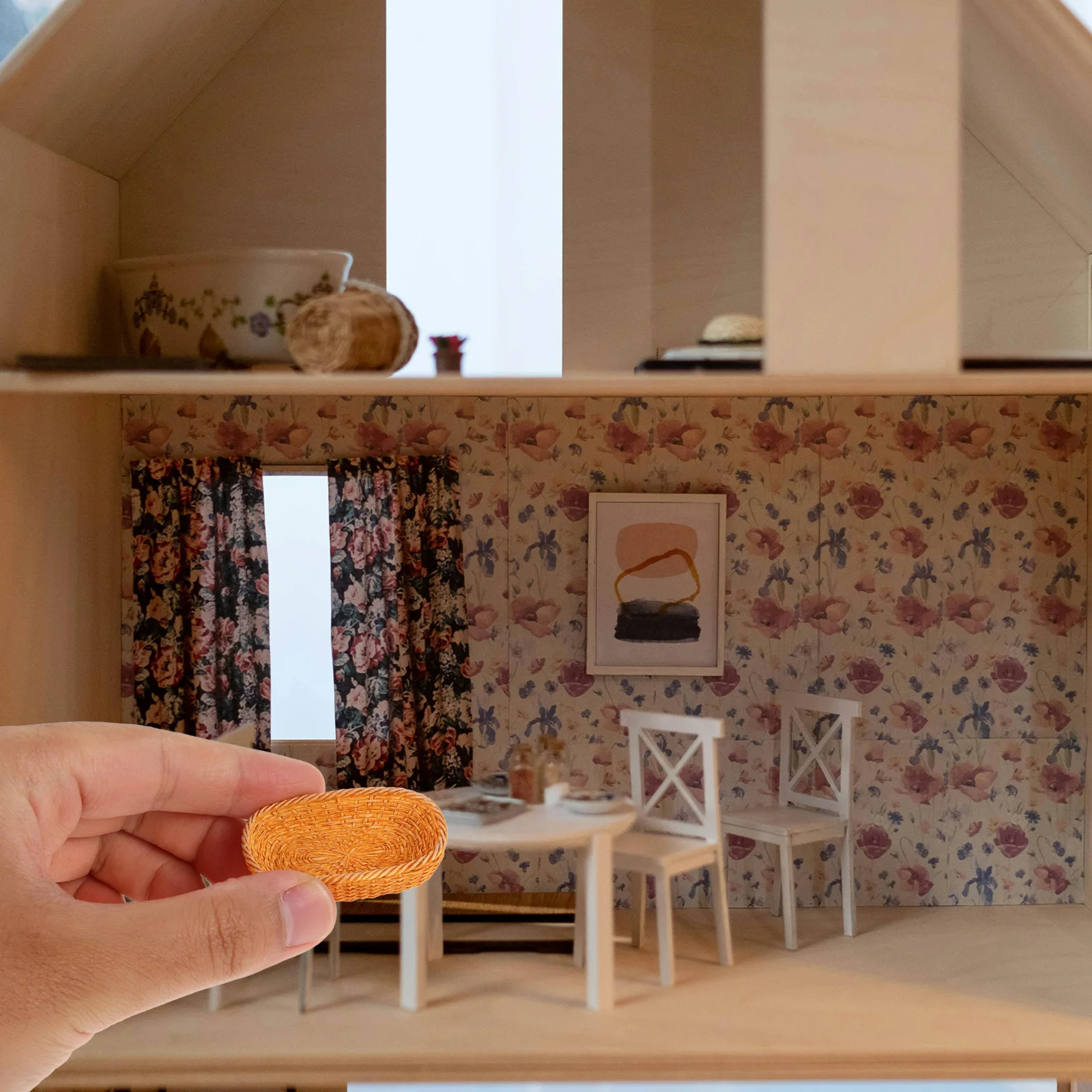 

9pcs Rattan Baskets Wicker Decorations Dollhouse Miniature Supplies Toy Fruit Food Playset Small Round Bread Basket Straw