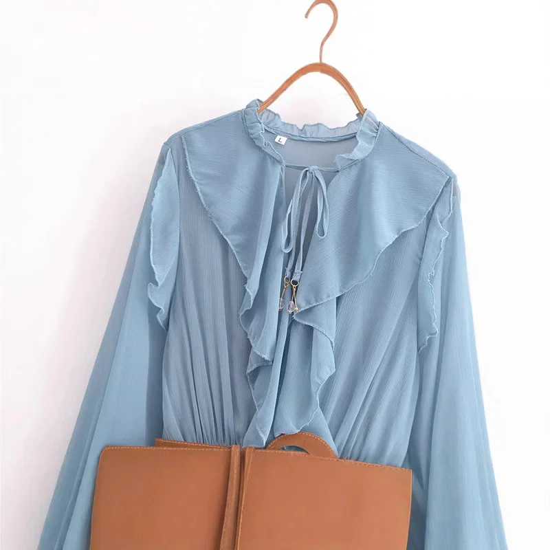 

Chic Elegant Solid Color Lace Up Long Sleeved Dress French Ruffle Edge Layered Pleated Skirt New Fashion Women's Casual Dress