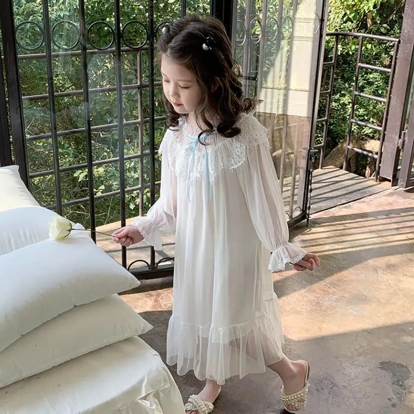 Girl Long Sleeve Sleep Dress Baby Princess Comfortable Thin Pajamas Children Mesh Lace Home Clothes Kids Nightgown 6-16Y Wz1149