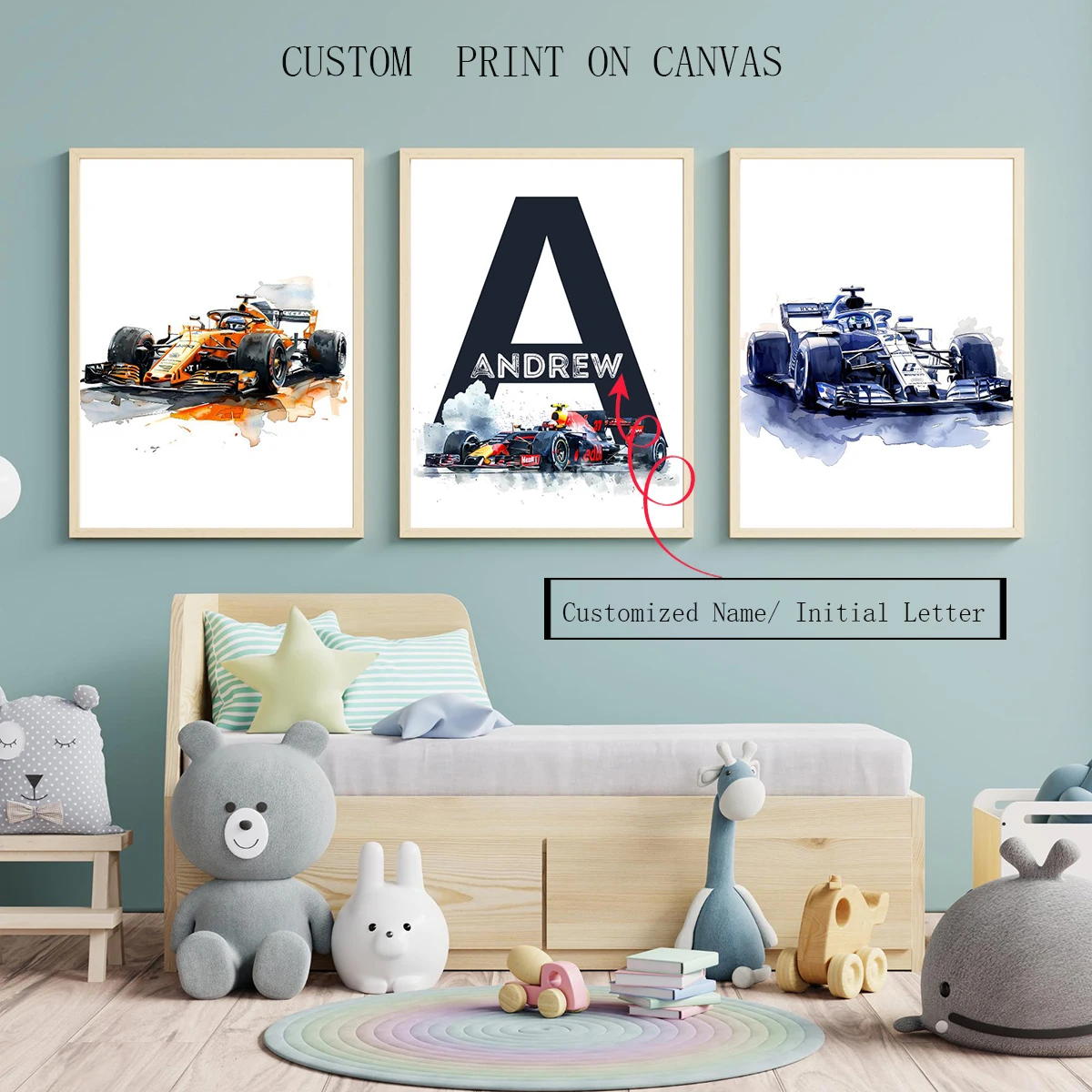 

3pcs Set Custom Canvas Wall Art - Custom Race Car Wall Art Set - Kids Room Decor, Sports Car Theme - Personalized Kids Room Wall