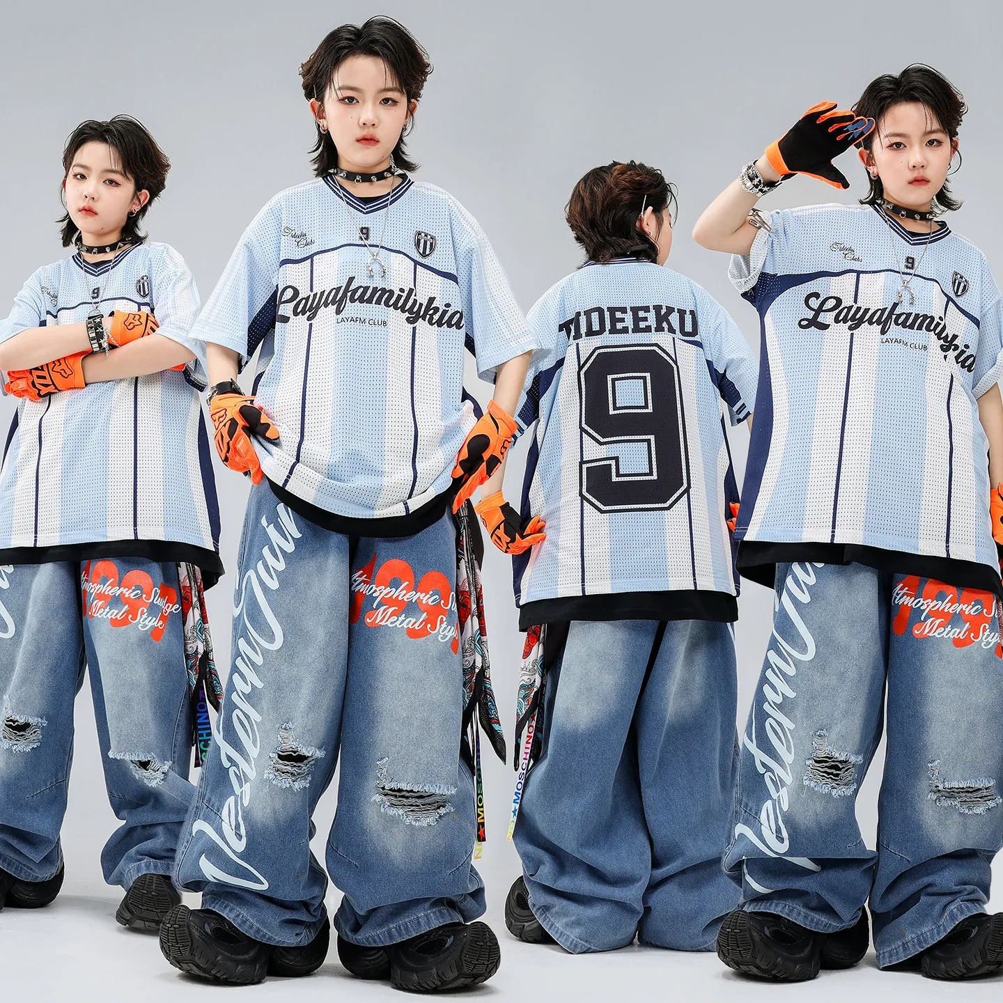 Hip Hop Boys Mesh Striped T-shirt Ripped Jeans Girls K-pop Street Dance Clothes Sets Kids Jazz Costumes Children Streetwear