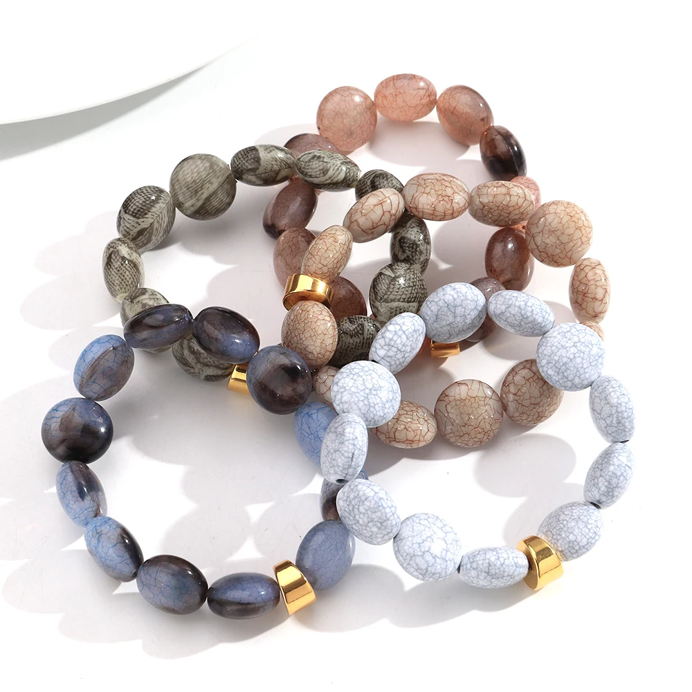 Vintage Acrylic Leopard Marbled Round Beads Elastic Bangle Bracelets Resin Geometric Beaded Stretched Bracelet New Jewelry Gifts