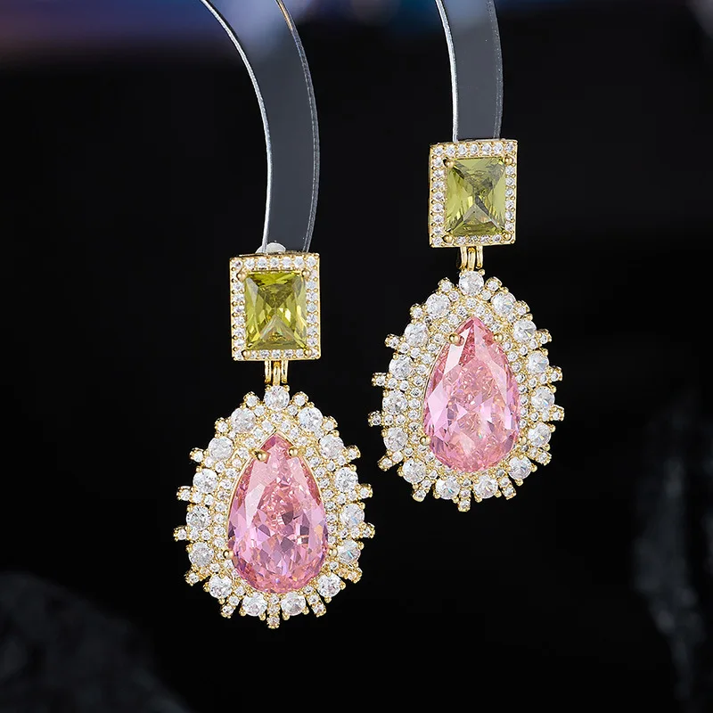 Pendientes colgantes de gota de agua rosa fucsia verde elegante para mujer, joyería de piedras preciosas artificiales de circonia para fiesta de vestido