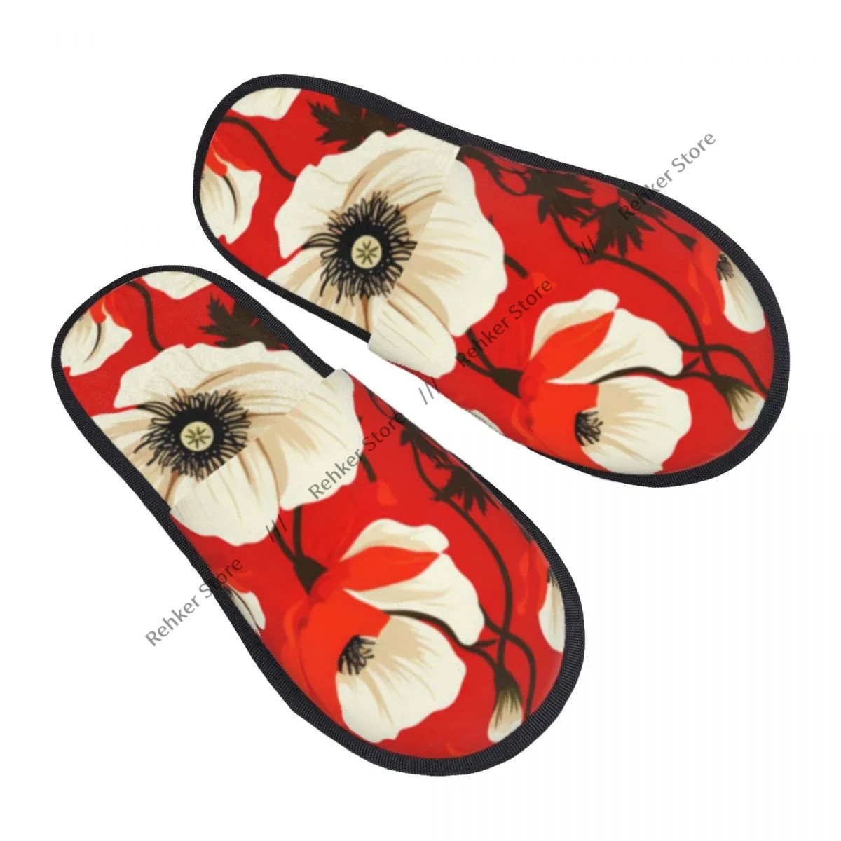 Soft Slippers Poppy Flower Blooms Pattern Non-Slip Floor Indoor Home Furry Slippers Shoes For Bedroom