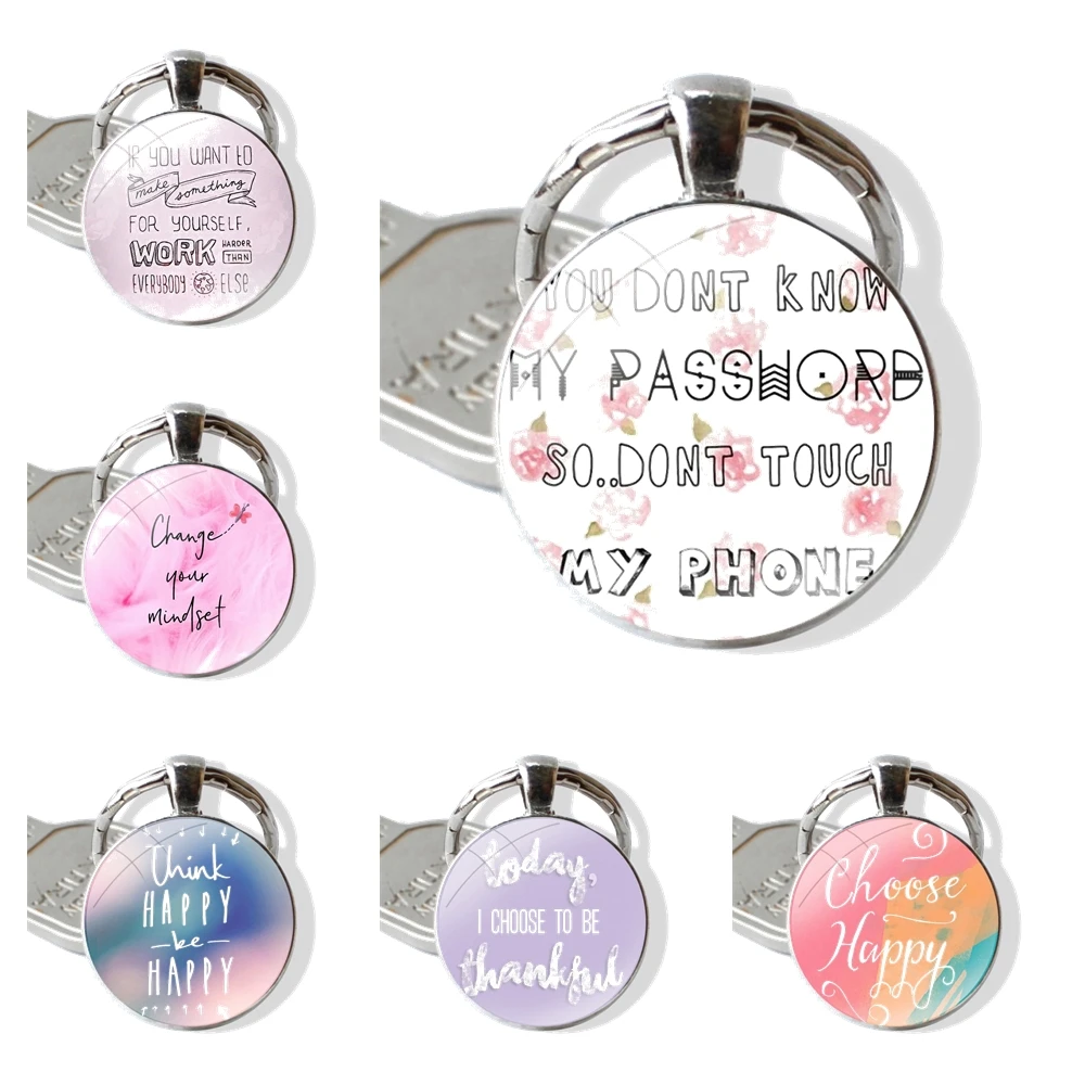 Think Be Happy Choose Keychain Handmade Glass Cabochon Key Ring Holder Pendant Key Chains