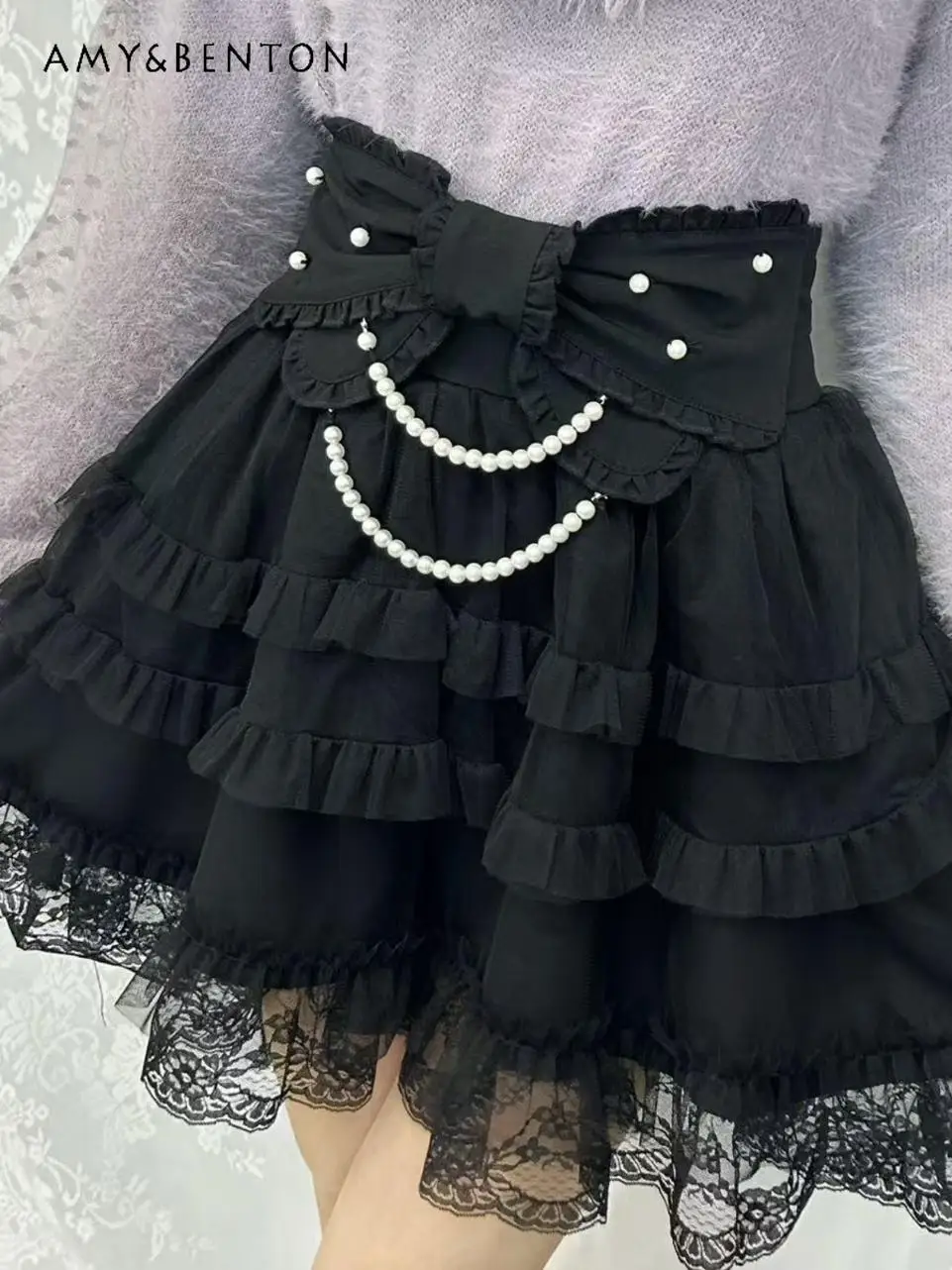 

Lolita Heavy Industry Bow Pearl Sweet Cake Skirt Women Japanese Mine Series Mass Production Subculture High Waist Mini Skirt