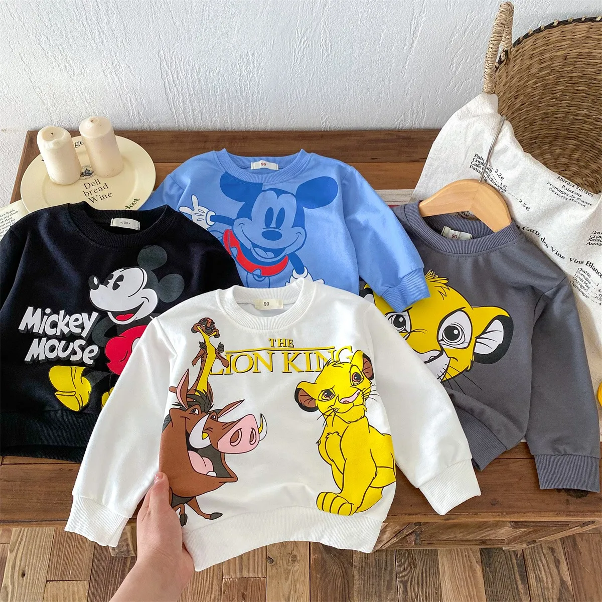 Lion Printed Baby Boy Clothes Long Sleeved Tops Loose Sweatshirt Round Collar Cartoon Hoodies Children Toddler Costume Disney