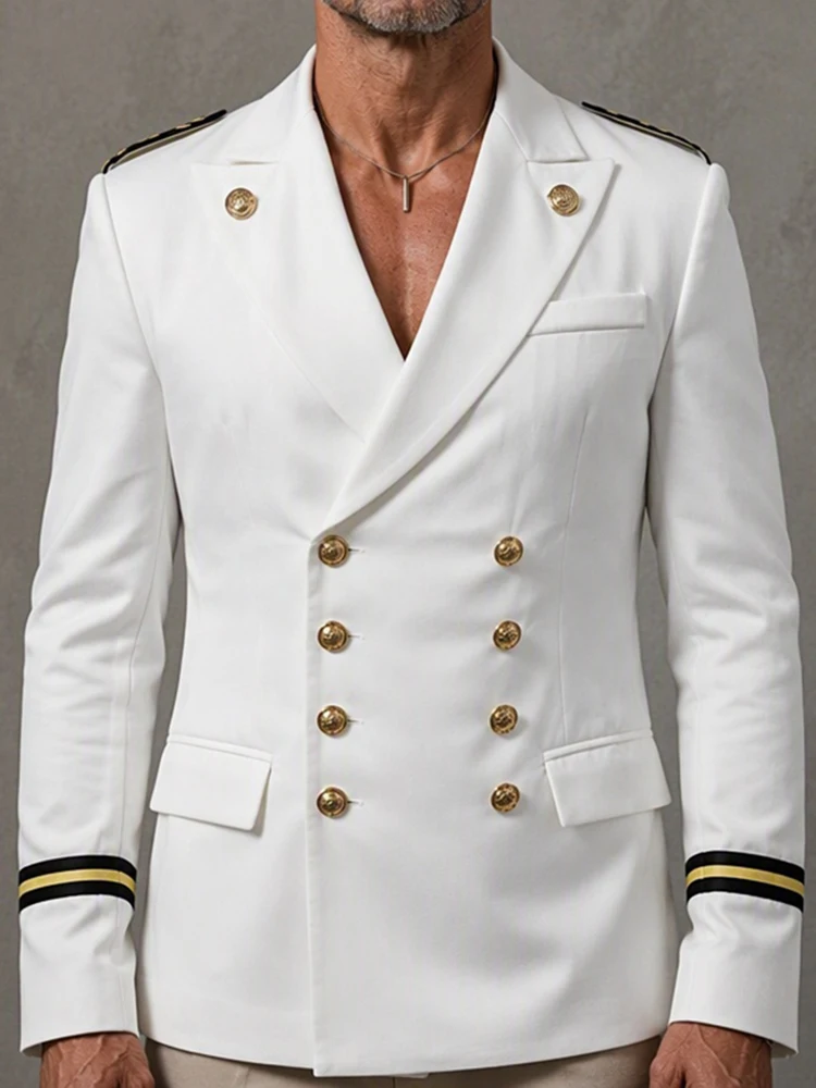 Men's Captain Blazer Double Breasted Gold Button Epaulet Stand Collar Uniform Jacket for Business Stage Formal Banquet Occasions