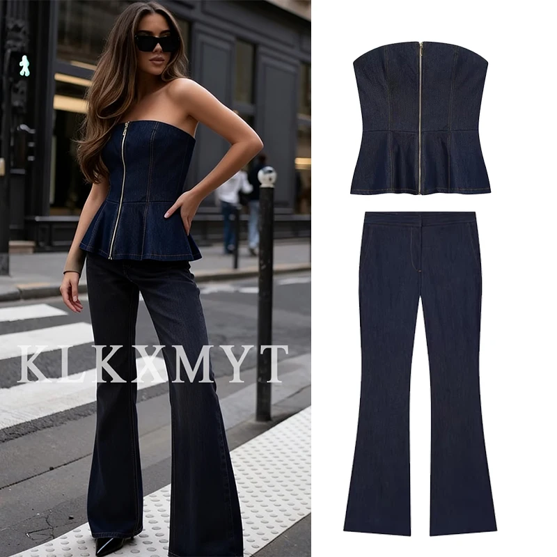 

Женский комплект 2025 г., женский новый модный джинсовый топ с лямкой на шее и брюки для отдыха, комплект из двух предметов, женский элегантный топ без бретелек