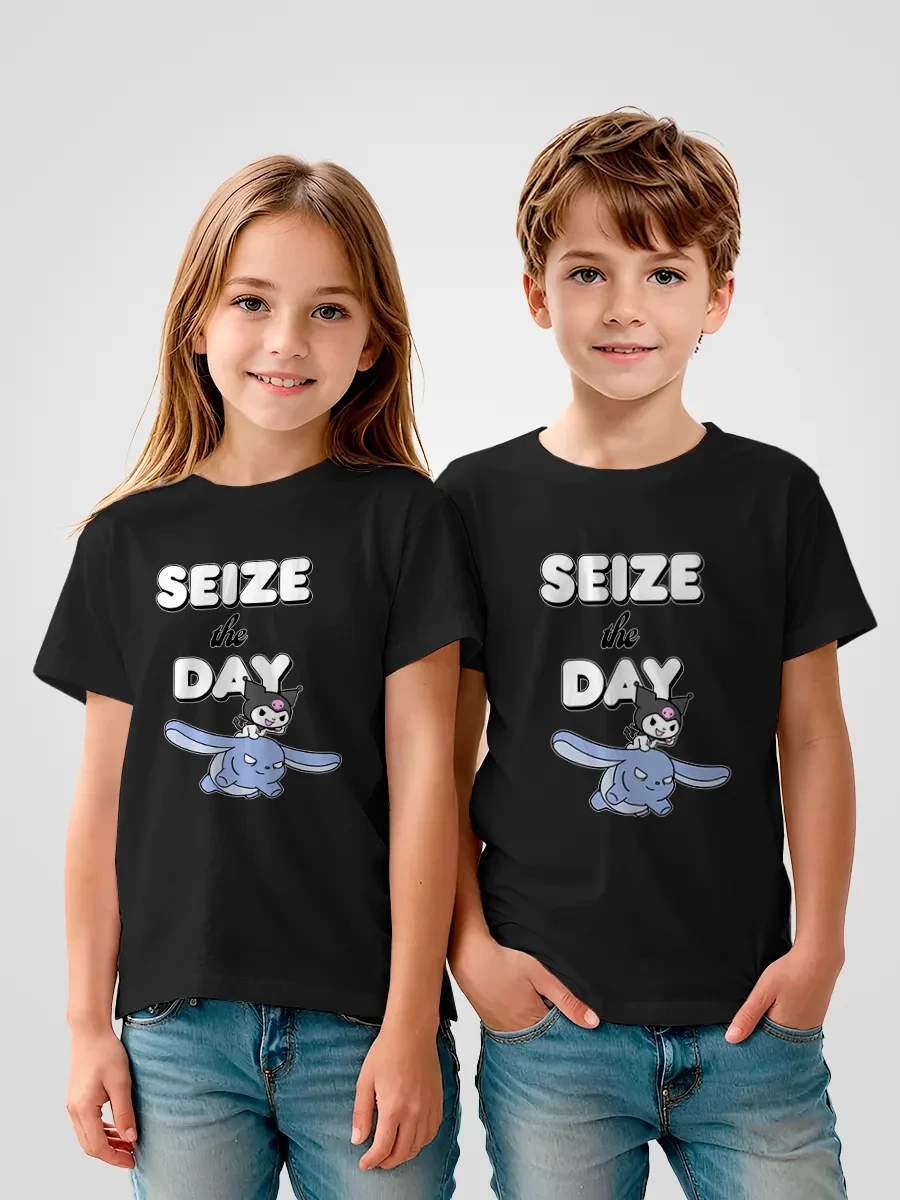 Kawaii Kids T-shirt Cute Kuromi Character Riding Blue Rabbit Seize The Day Text Print Summer Breathable Children Tops