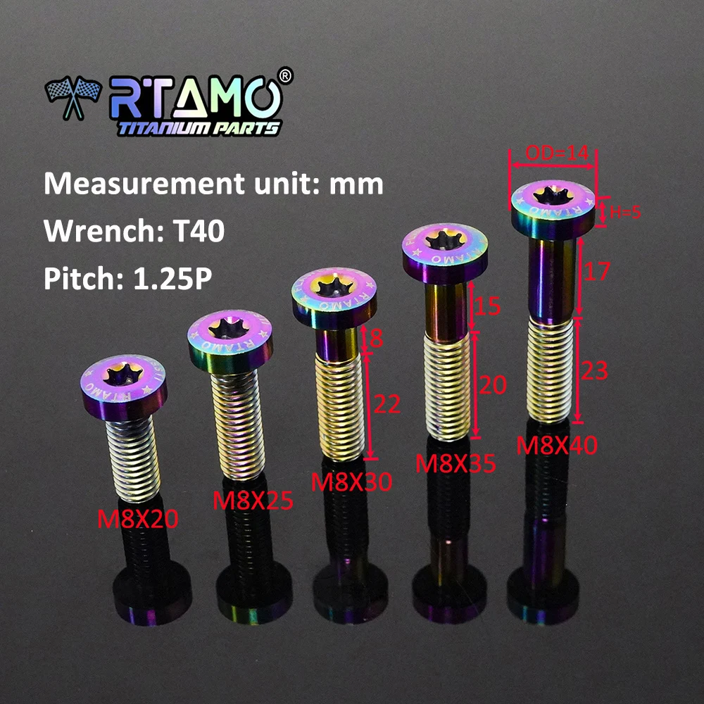 RTAMO Gr5 Titanium Bolt M8X20/25/30/35/40/45/50 1.25Pitch for Bike Motorcycle Modified Dressingup