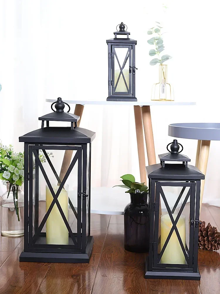 Large Glass Candle Holders Wedding Decorations Garden Black European Lamp Retro Iron Candle Holder Centerpieces Metal Lantern