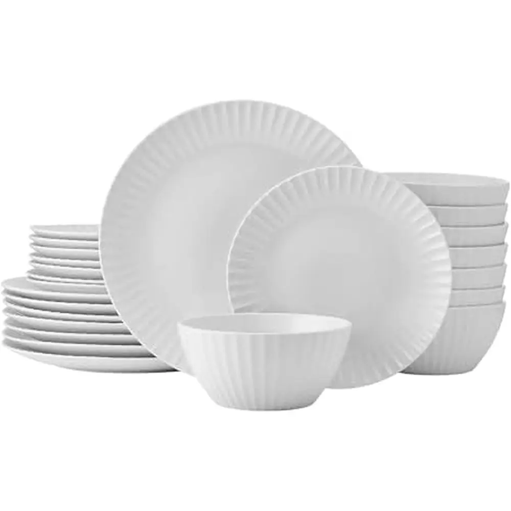 

luted Grace 24 Piece Porcelain Plate and Bowl Dinnerware Set, Service or 8, luted Design, Durable or Everyday Use, White