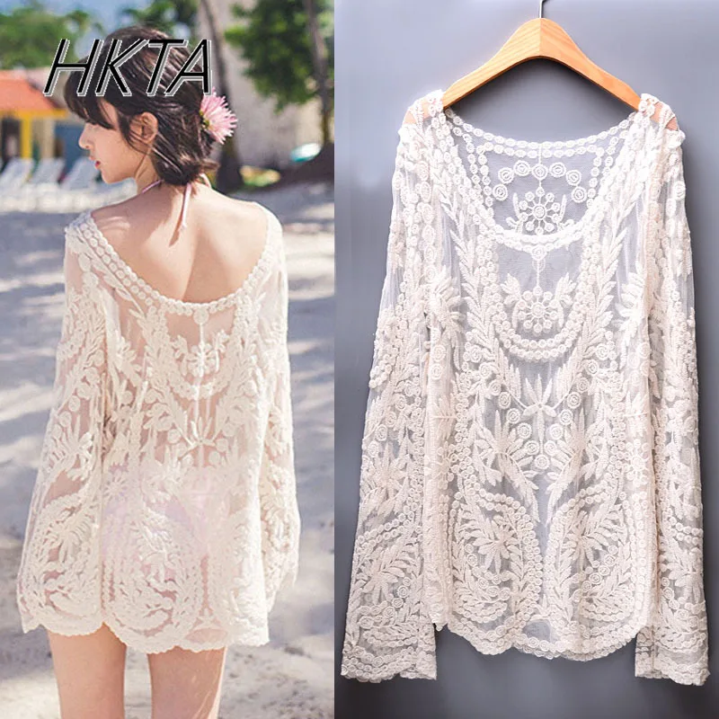 Lolita Lace Long Sleeve Hollow Crew Neck Pullover Top Sunscreen Shirt Loose White Swimwear Women Medium Length Tops Beach Wear