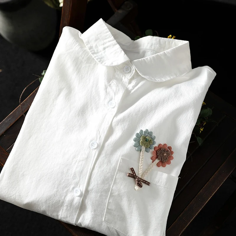 Spring Sweet Hand Embroidered Flower Loose Long-sleeved Shirt Camisa Women Clothing White Color Female Tops Blusen Damen U272