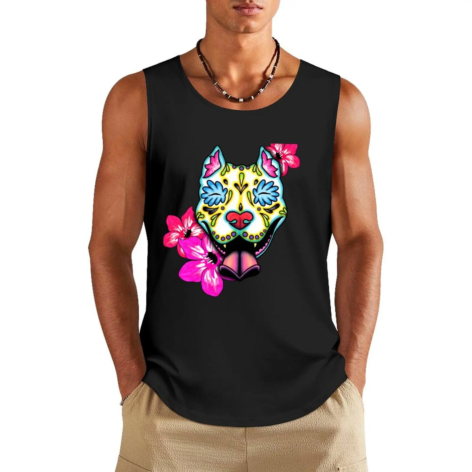 Slobbering Pit Bull - Day of the Dead Sugar Skull Pitbull Dog Tank Top Men's gym articles Men's sports t-shirt