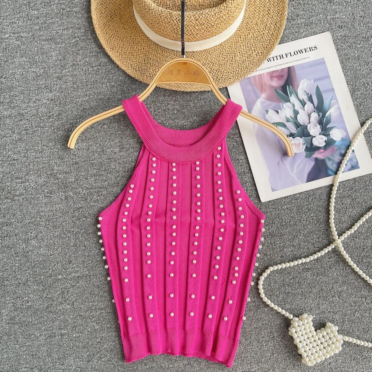 Women Tank Top Elegant Pearl Spring Summer Knitted Camisole Top Rhinestones Crew Neck Beaded Casual Sleeveless Top
